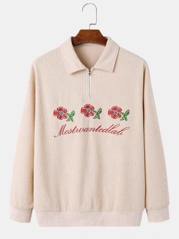 Cord-Sweatshirts für Herren mit Blumenbuchstaben und Viertelreißverschluss am Revers-HH18269