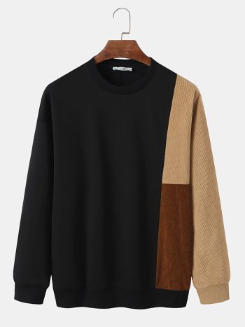 Asymmetrische Farbe Cord Rundhals Langarm Sweatshirts für Herren-VY25210